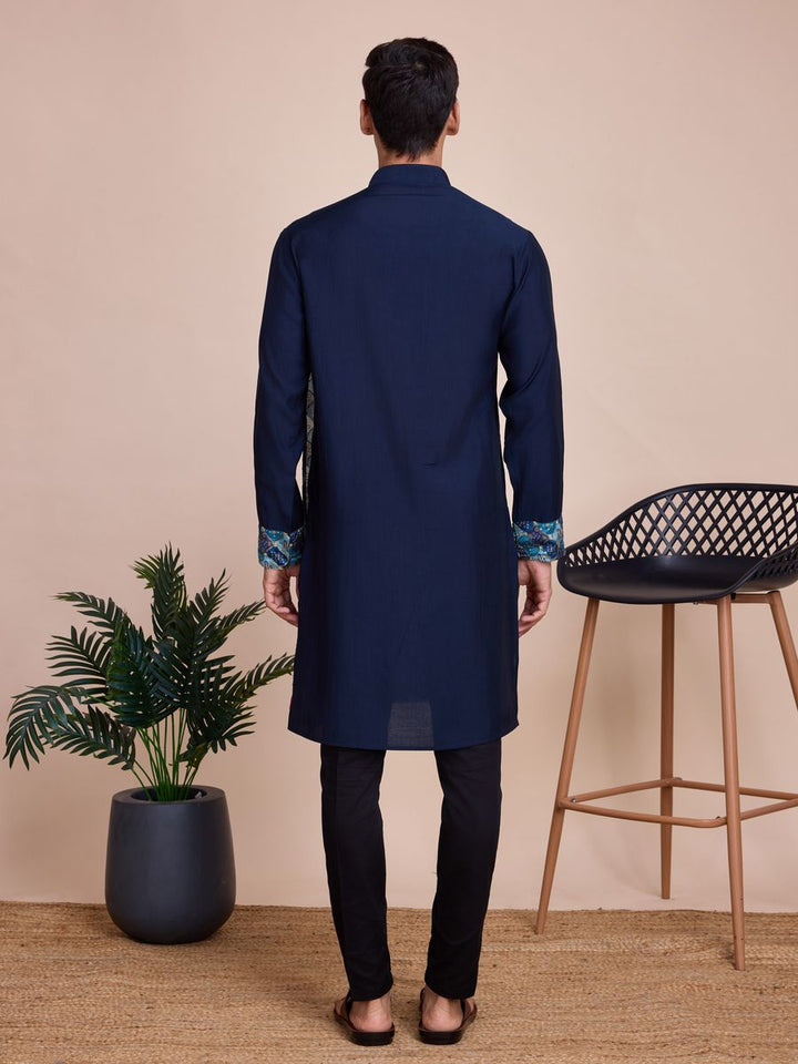 Navy Blue Silk Print with sequance work Kurta Set