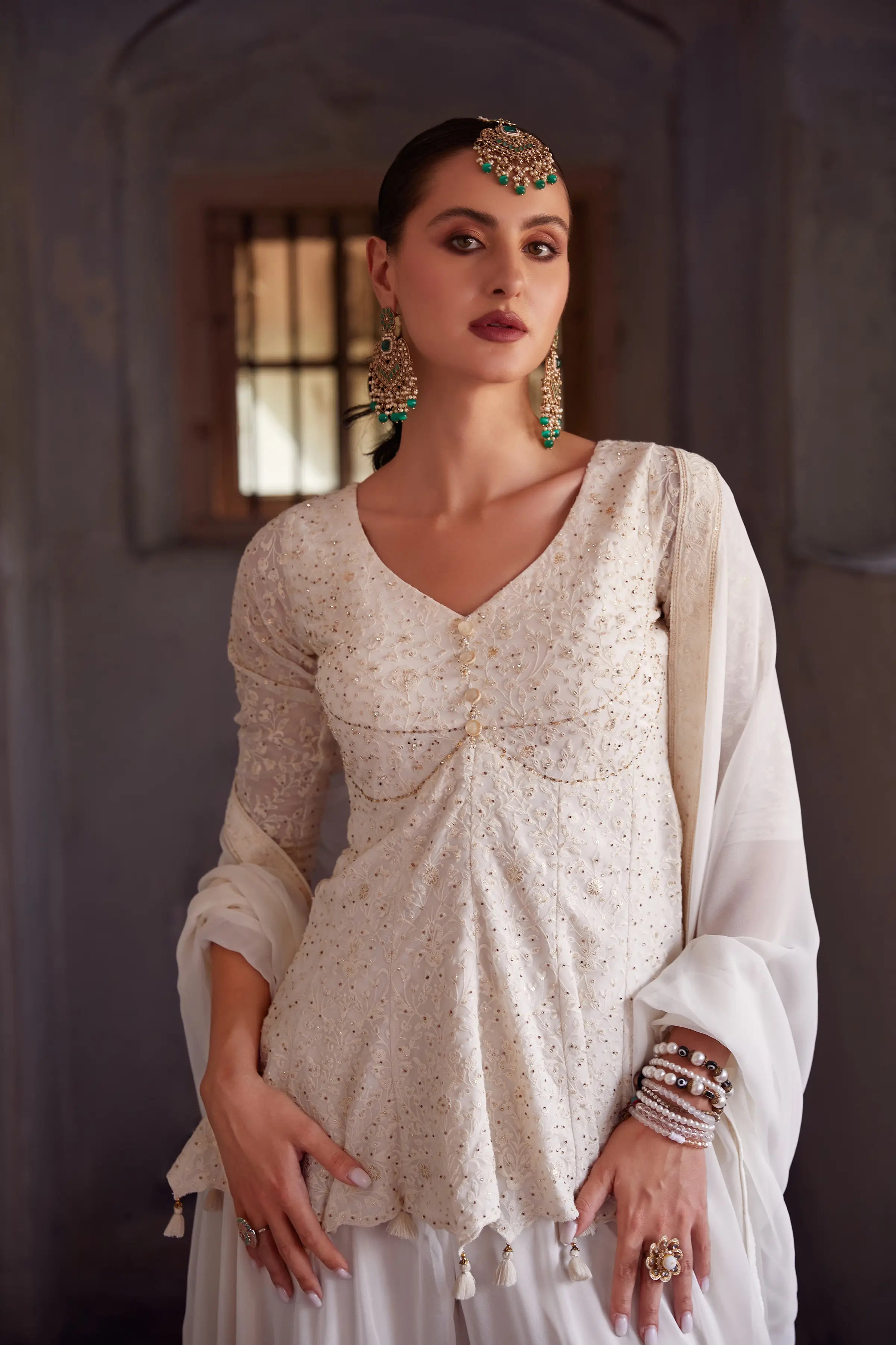 Off White Thread Sequins Embroidery Work Georgette Indo Western With Dupatta - qivii