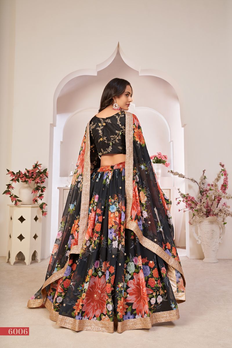 BLACK GEORGETTE DIGITAL PRINT WITH,SEQUINS EMBROIDERED  WORK LEHENGA