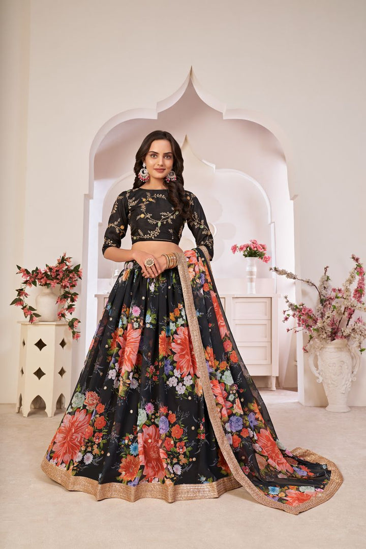 BLACK GEORGETTE DIGITAL PRINT WITH,SEQUINS EMBROIDERED  WORK LEHENGA