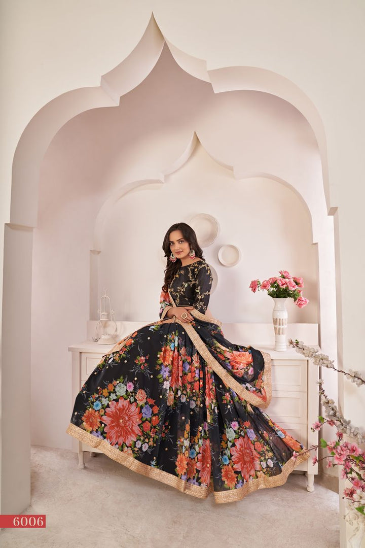 BLACK GEORGETTE DIGITAL PRINT WITH,SEQUINS EMBROIDERED  WORK LEHENGA