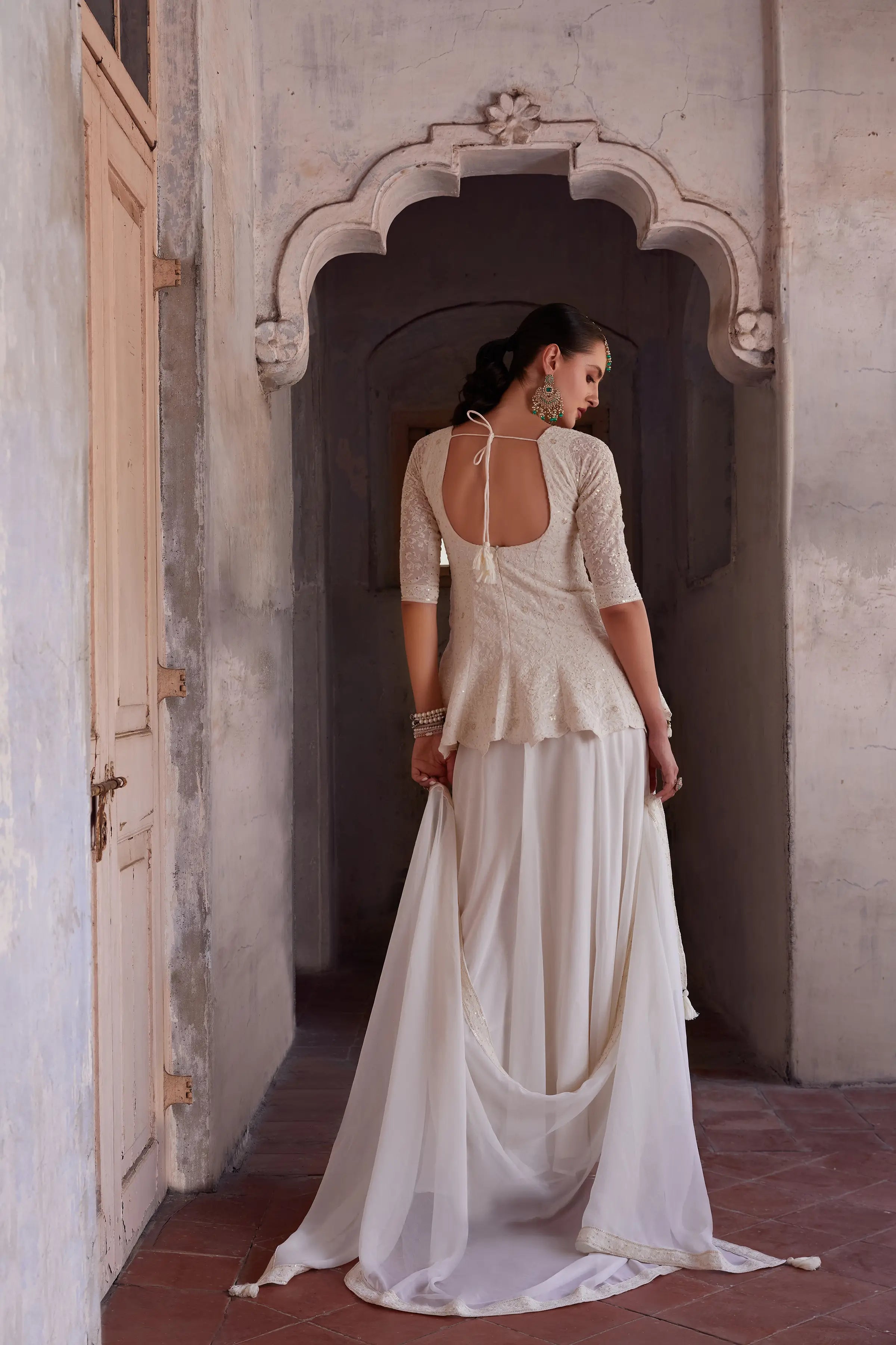 Off White Thread Sequins Embroidery Work Georgette Indo Western With Dupatta - qivii