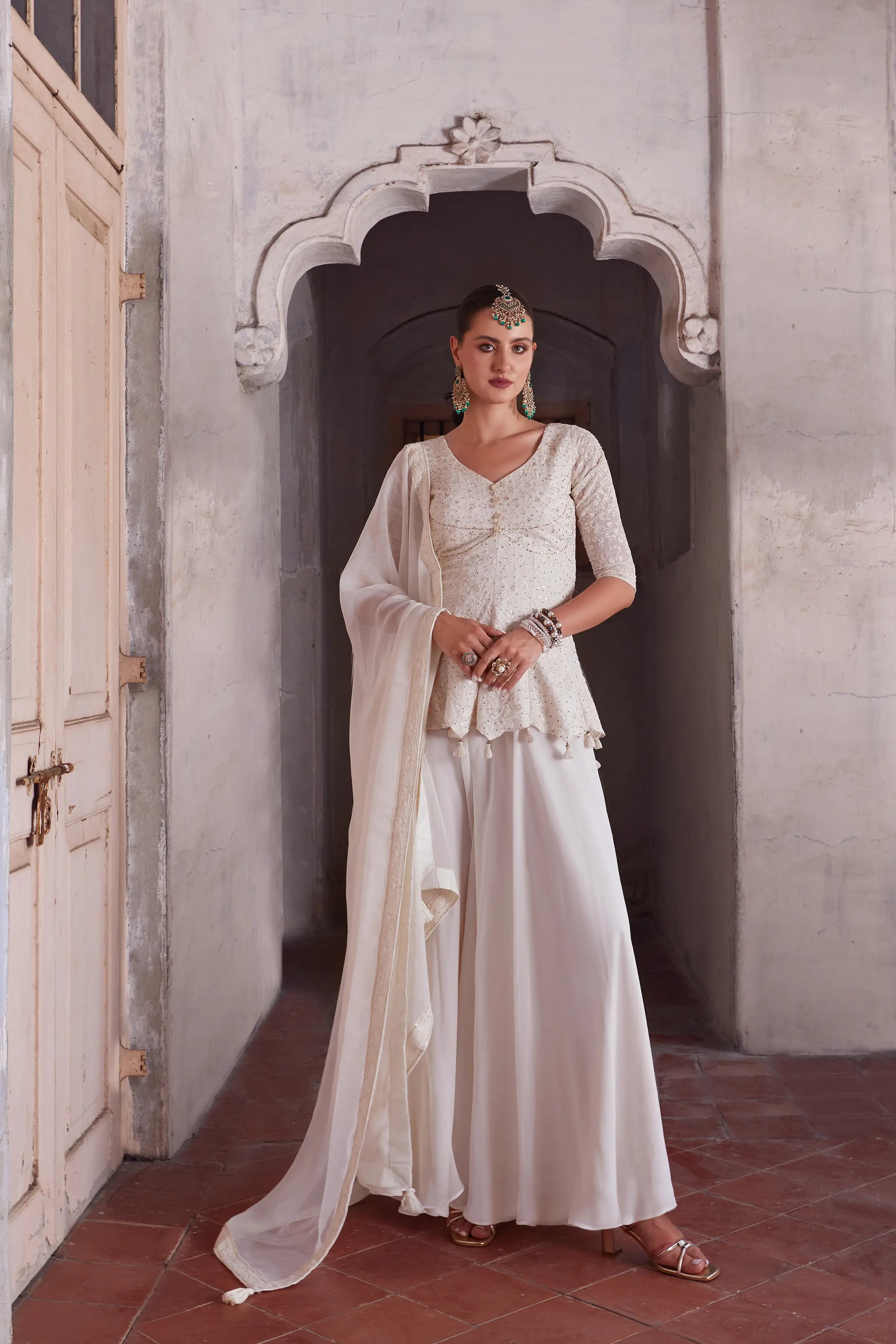 Off White Thread Sequins Embroidery Work Georgette Indo Western With Dupatta - qivii