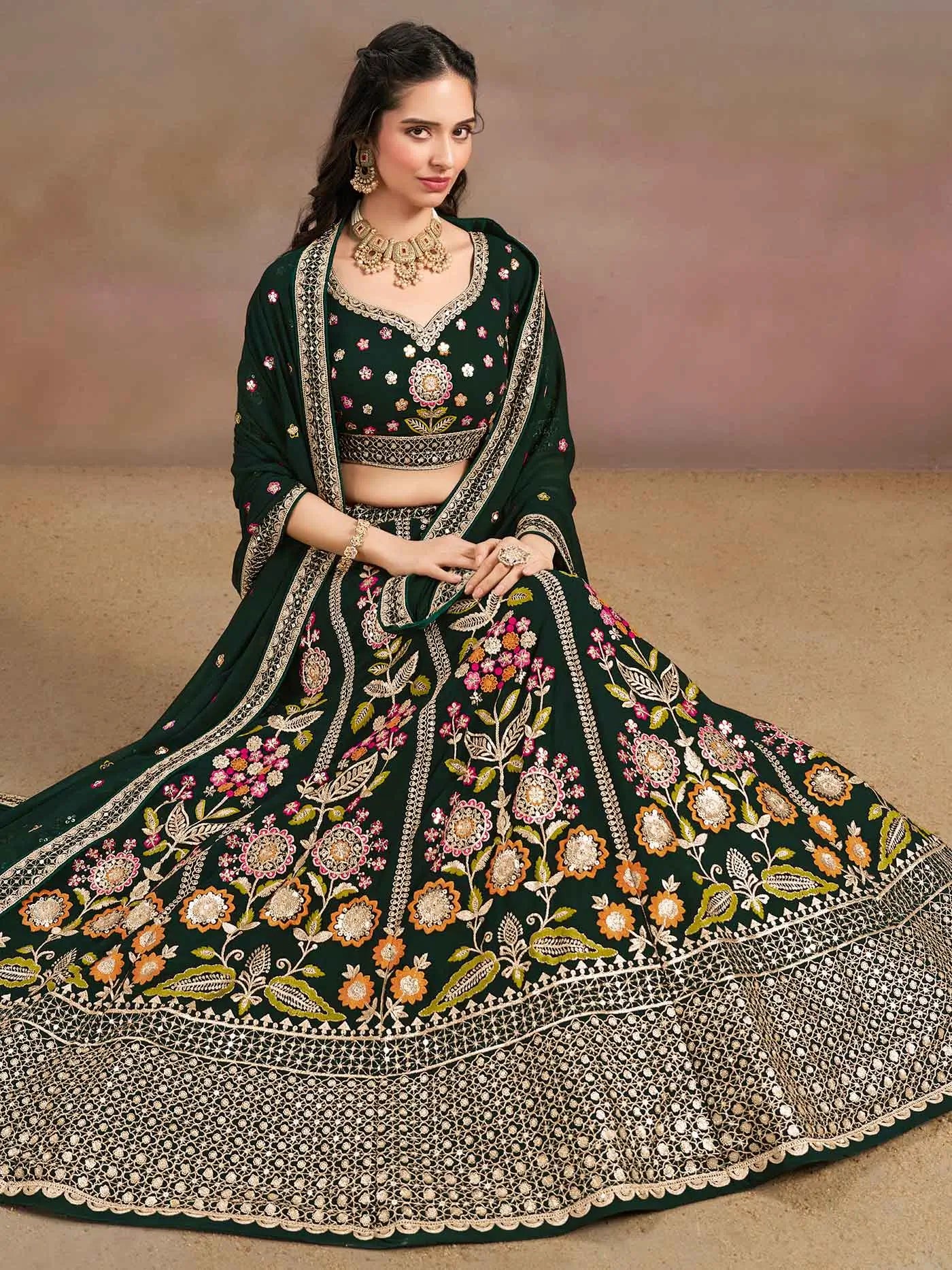 Dark Green Georgette Lehenga With Dori Zari Thread & Sequins Embroidery Work - qivii