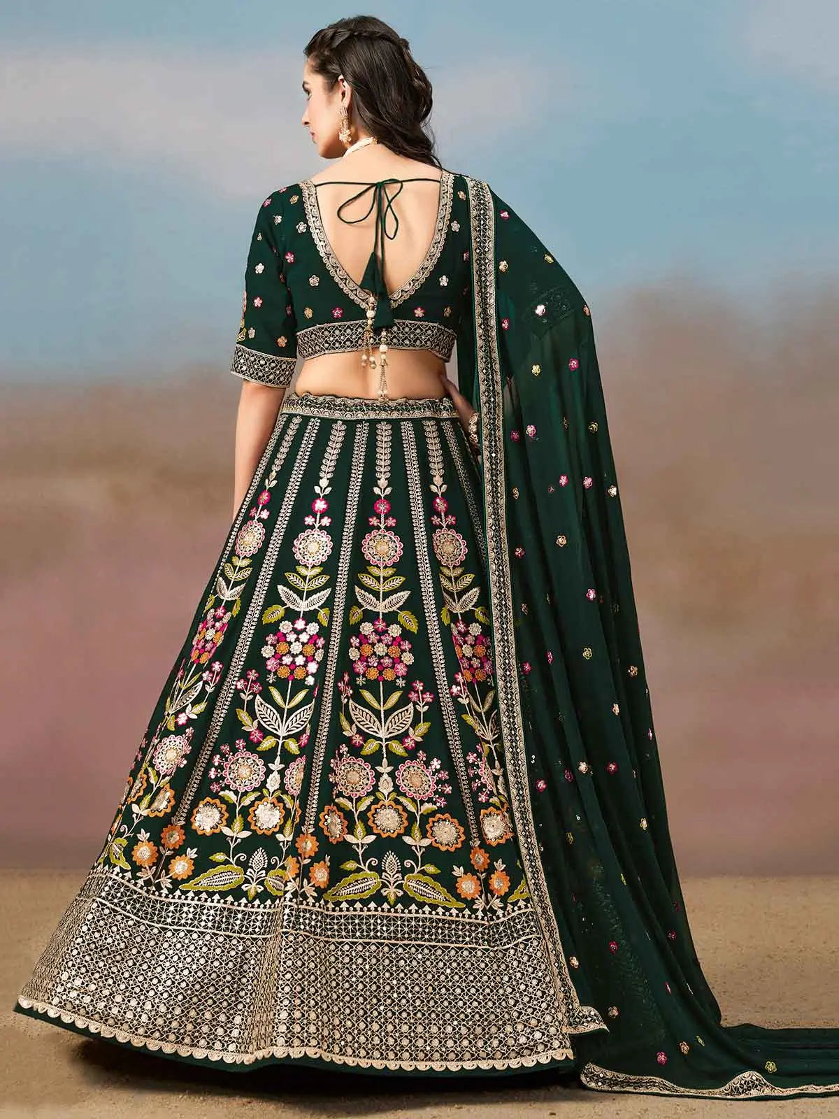 Dark Green Georgette Lehenga With Dori Zari Thread & Sequins Embroidery Work - qivii