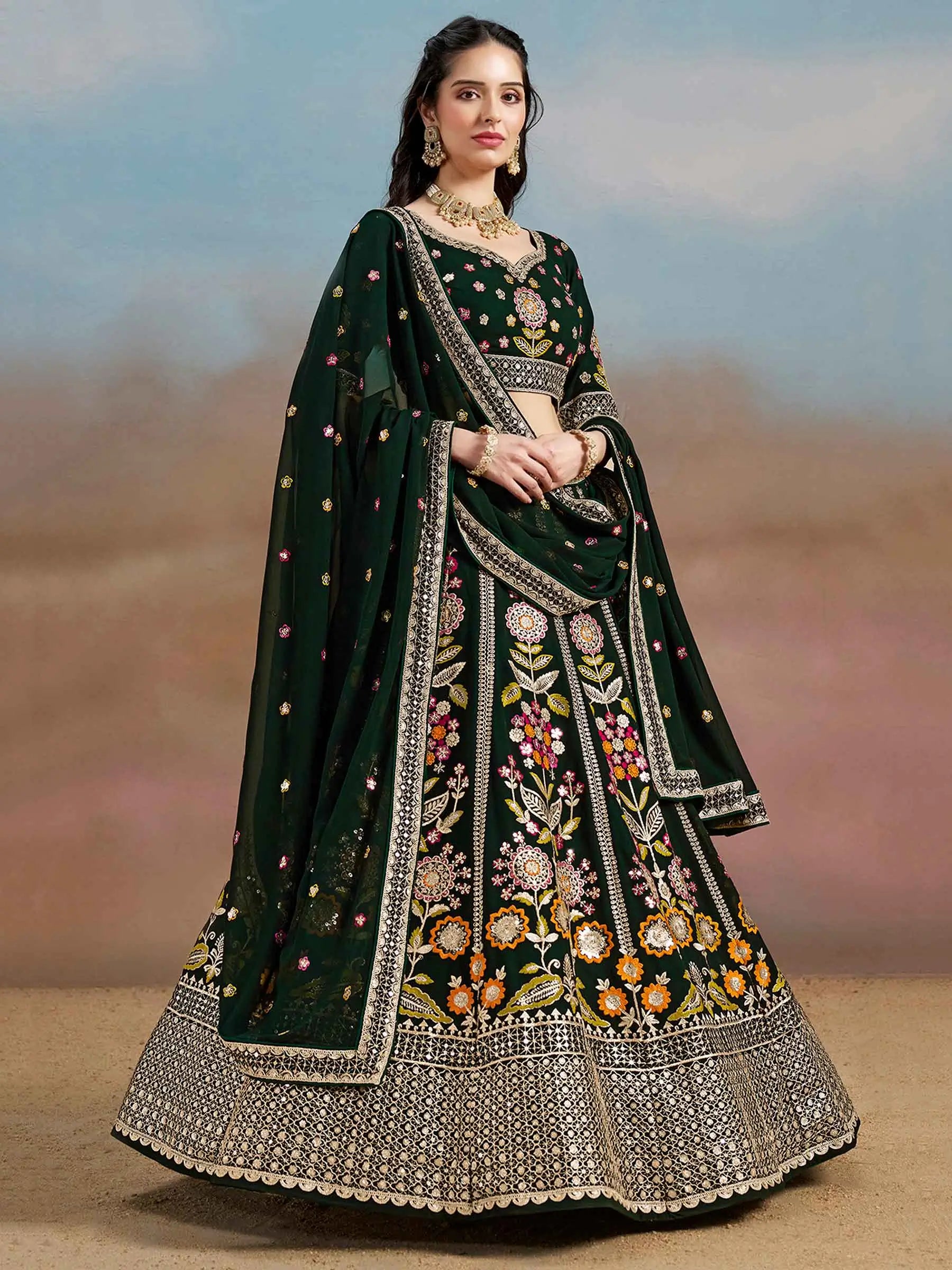 Dark Green Georgette Lehenga With Dori Zari Thread & Sequins Embroidery Work - qivii