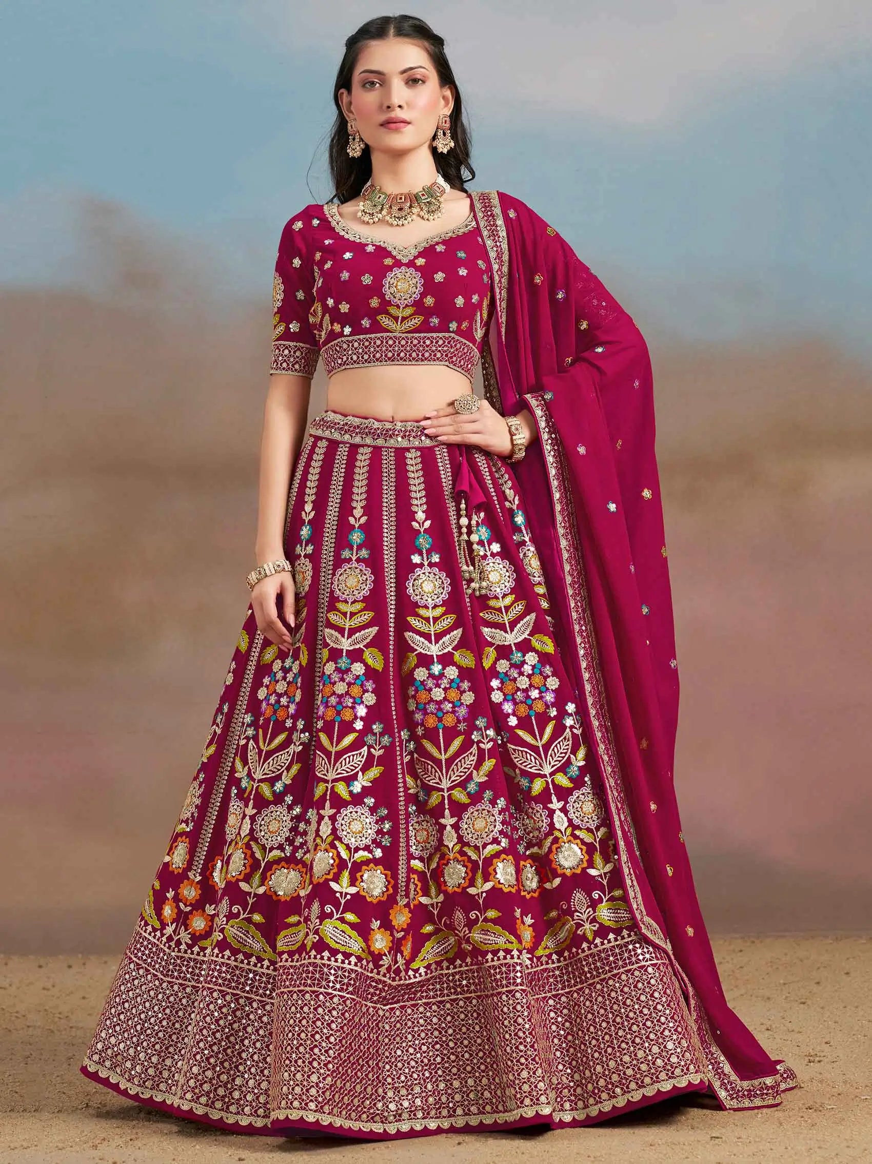 Pink Georgette Lehenga With Dori Zari Thread & Sequins Embroidery Work - qivii