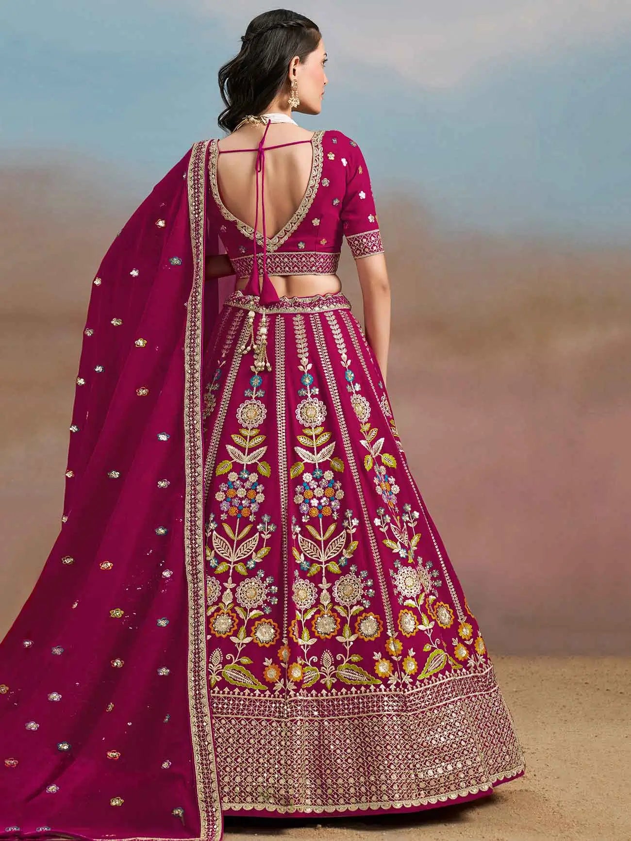 Pink Georgette Lehenga With Dori Zari Thread & Sequins Embroidery Work - qivii