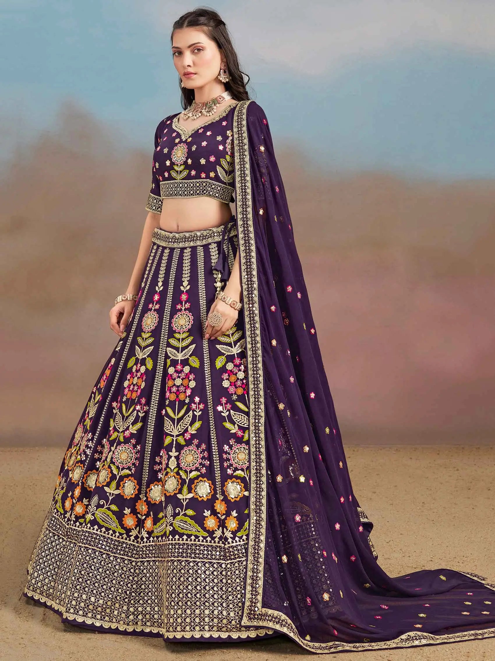 Purple Georgette Lehenga With Dori Zari Thread & Sequins Embroidery Work - qivii