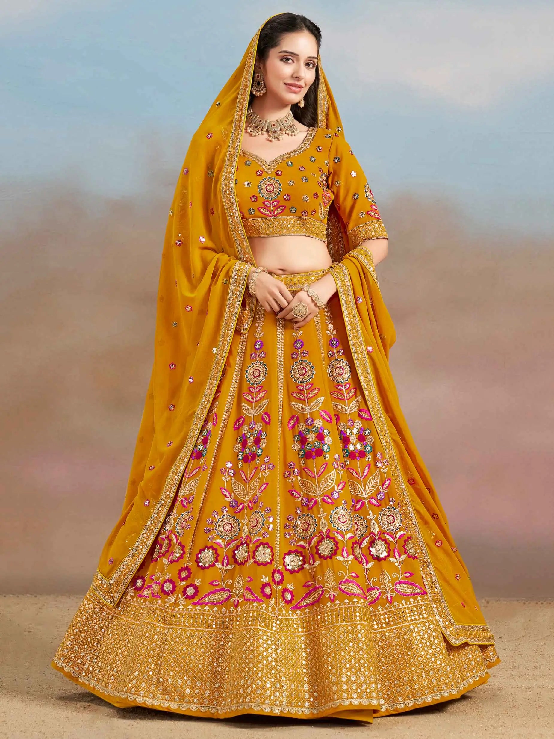 Yellow Georgette Lehenga With Dori Zari Thread & Sequins Embroidery Work - qivii
