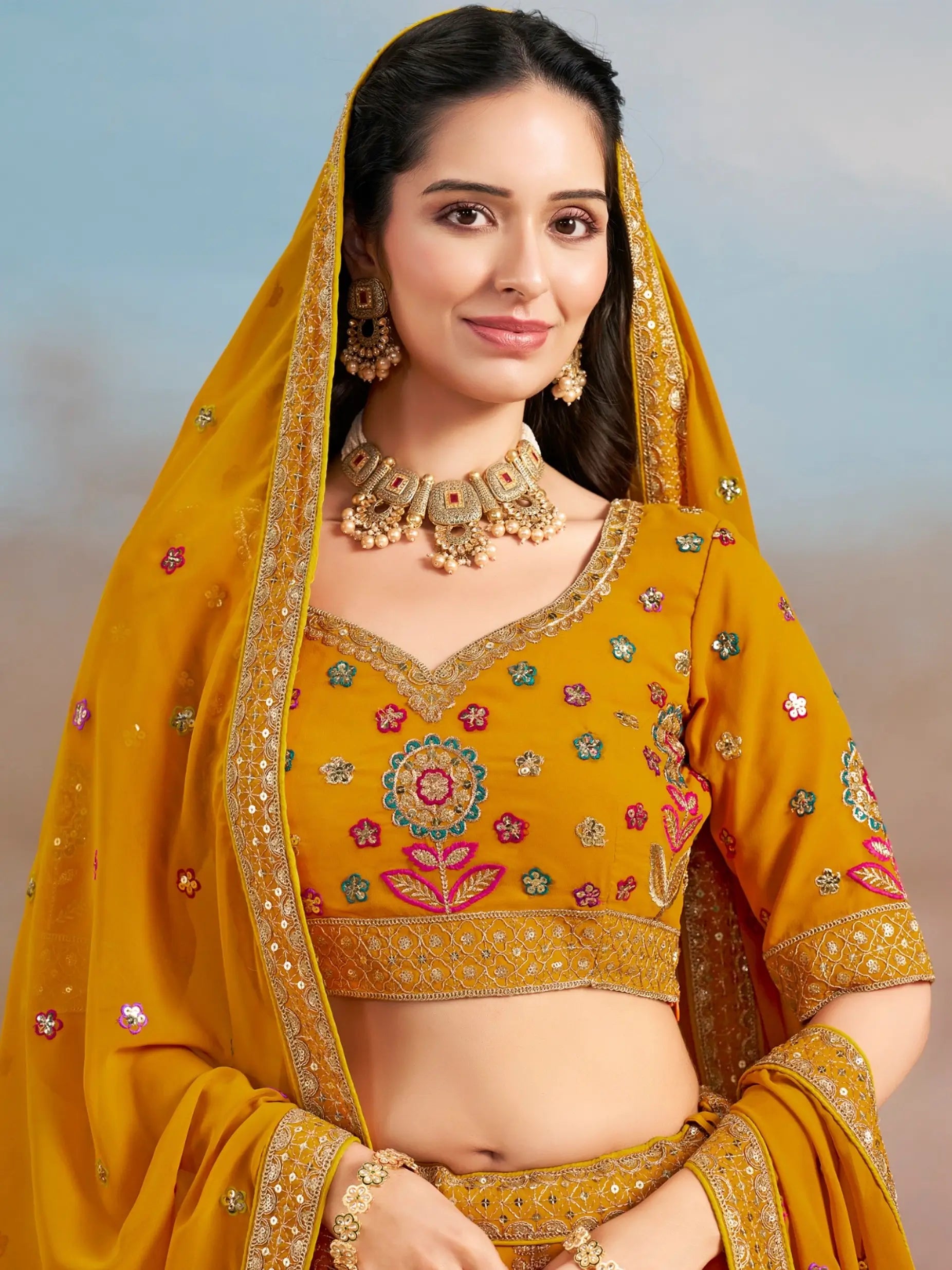 Yellow Georgette Lehenga With Dori Zari Thread & Sequins Embroidery Work - qivii