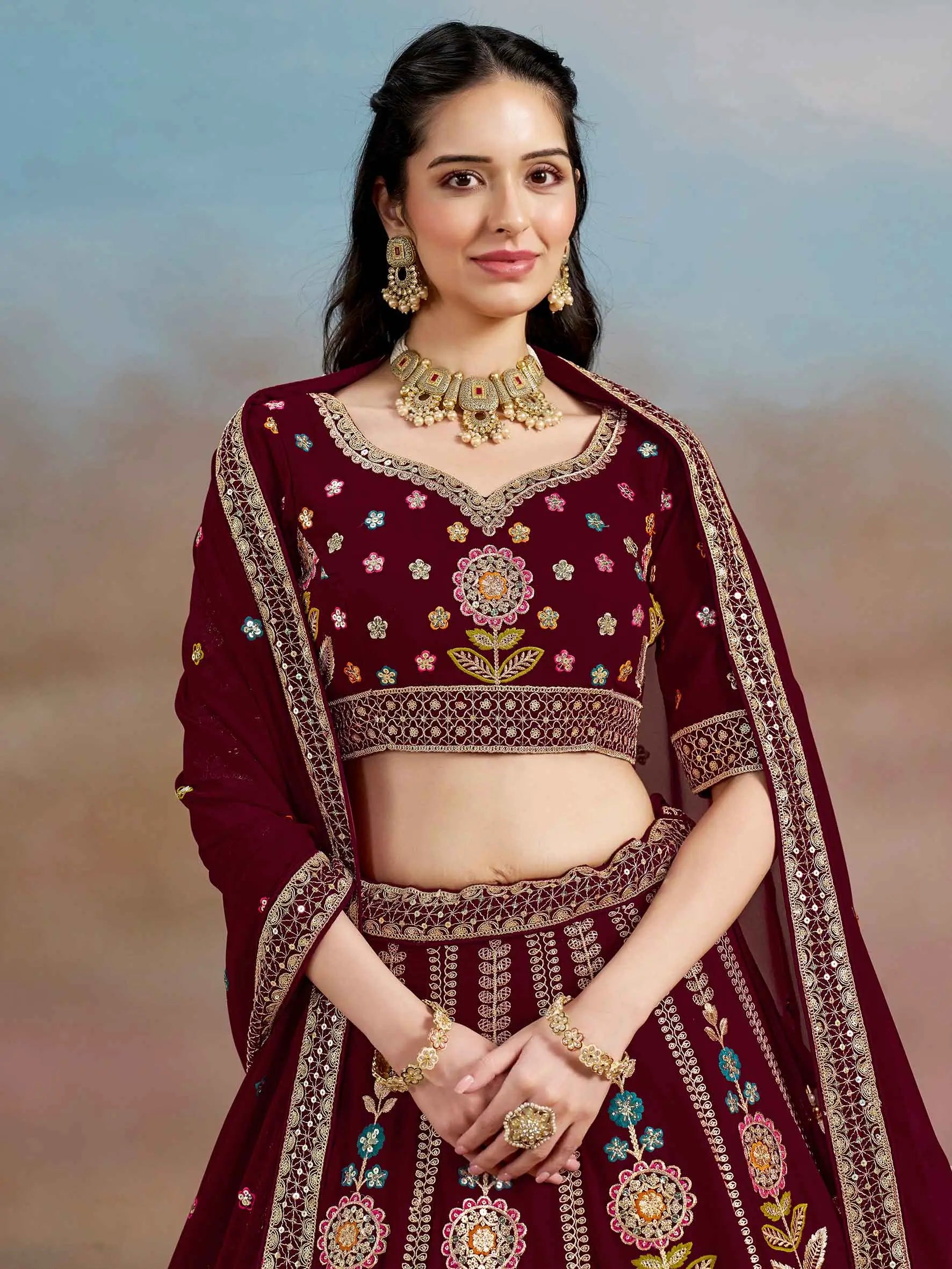 Maroon Georgette Lehenga With Dori Zari Thread & Sequins Embroidery Work - qivii