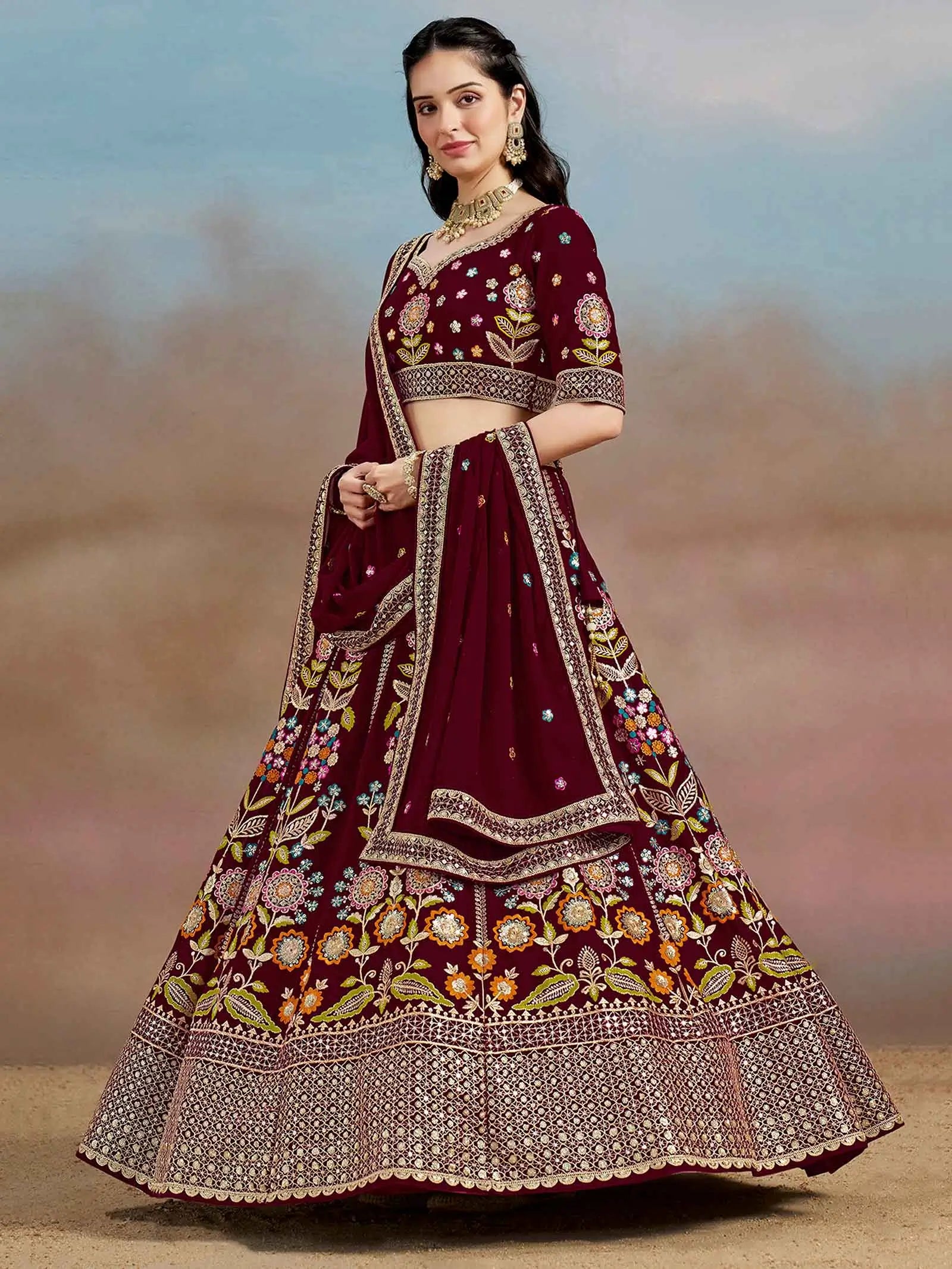 Maroon Georgette Lehenga With Dori Zari Thread & Sequins Embroidery Work - qivii