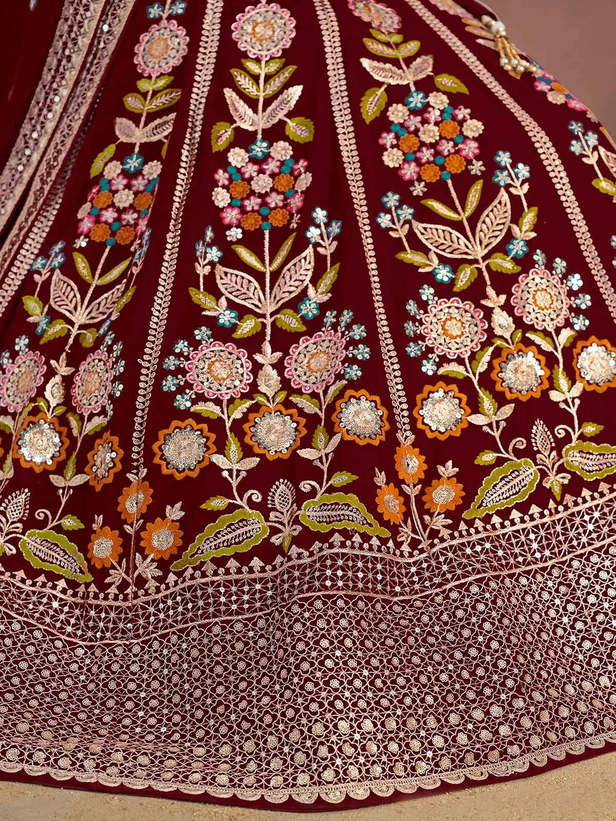 Maroon Georgette Lehenga With Dori Zari Thread & Sequins Embroidery Work - qivii