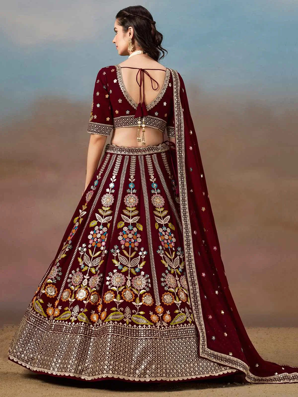 Maroon Georgette Lehenga With Dori Zari Thread & Sequins Embroidery Work - qivii