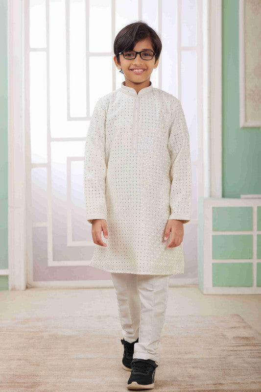 Boy's Cream Art Silk Embroidery Kurta Set