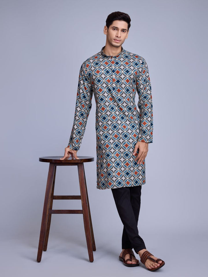 Sky Blue Rayon Fabric And Print With Foil Work Kurta