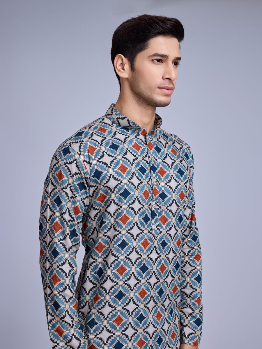 Sky Blue Rayon Fabric And Print With Foil Work Kurta