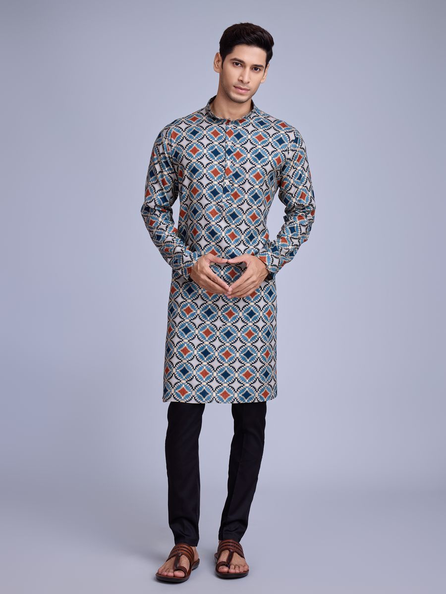 Sky Blue Rayon Fabric And Print With Foil Work Kurta