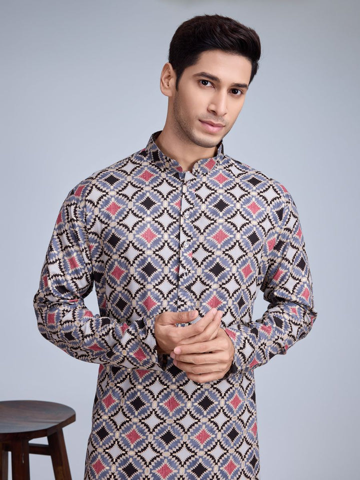 Grey Rayon Fabric And Print With Foil Work Kurta