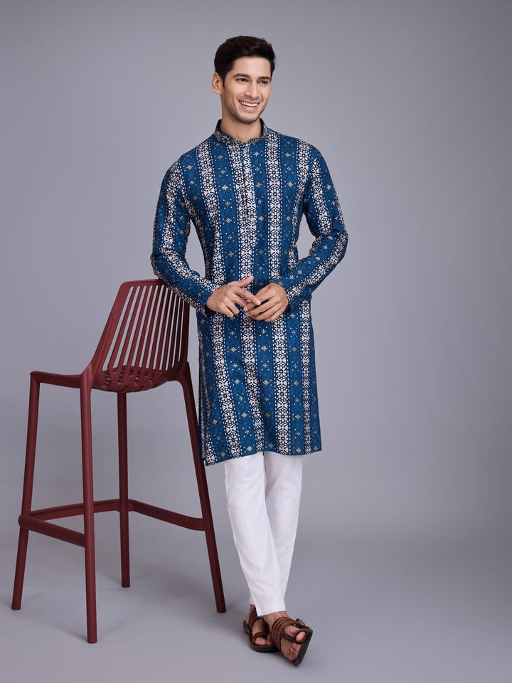 Blue Rayon Fabric And Print With Foil Work Kurta