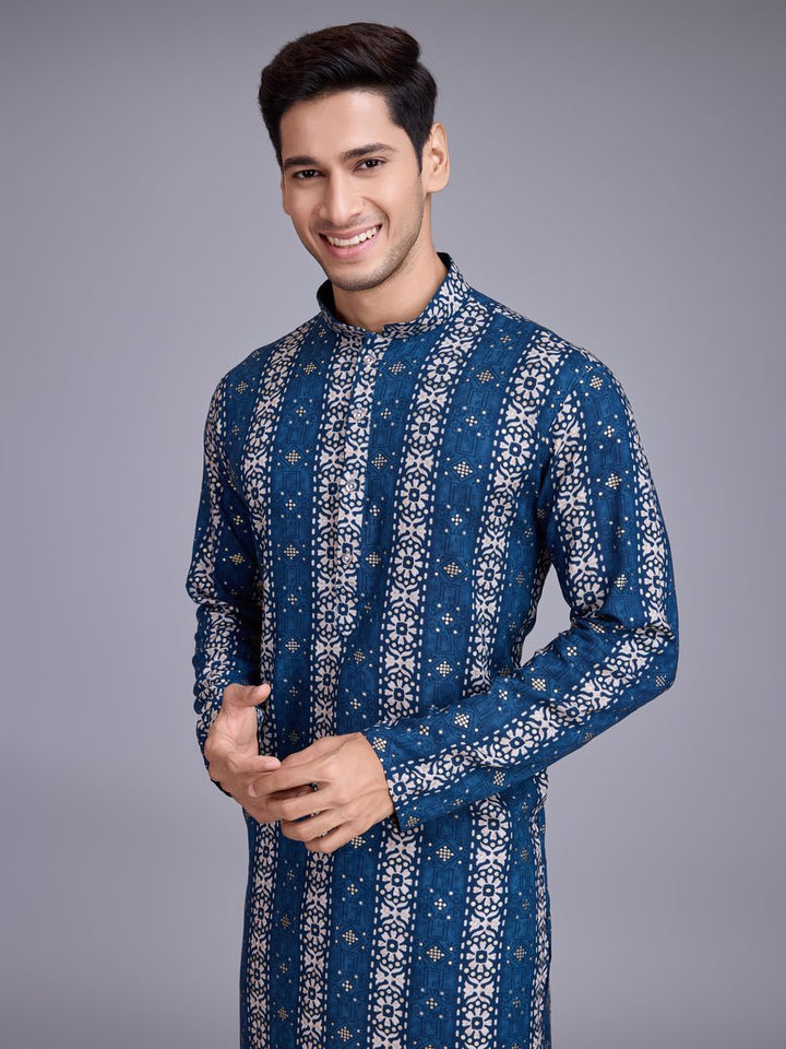 Blue Rayon Fabric And Print With Foil Work Kurta