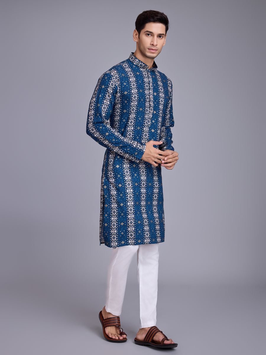 Blue Rayon Fabric And Print With Foil Work Kurta