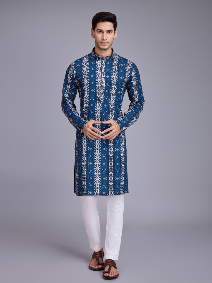 Blue Rayon Fabric And Print With Foil Work Kurta