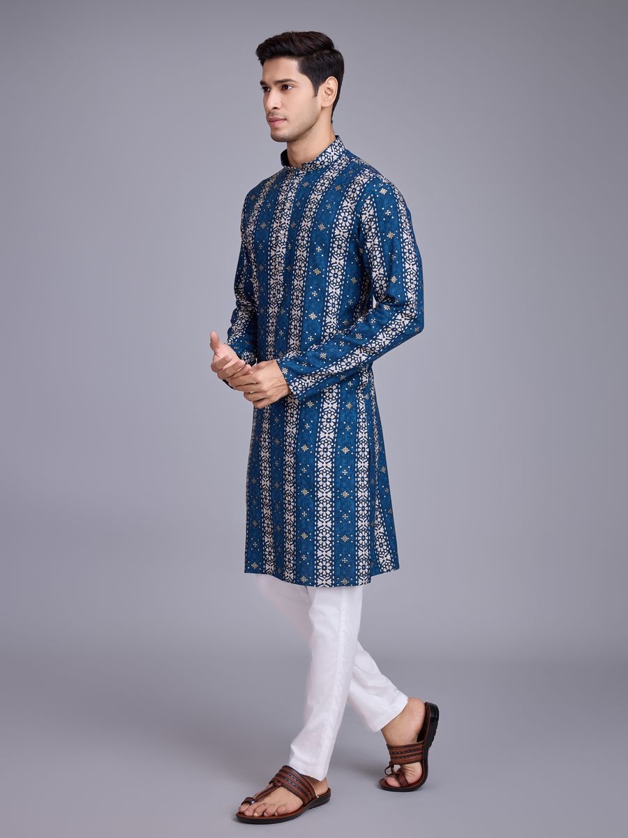 Blue Rayon Fabric And Print With Foil Work Kurta