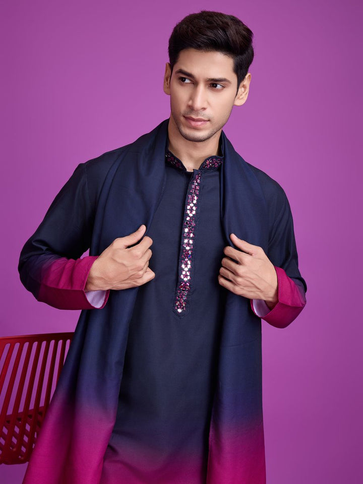 Navy Blue And Rani Color Rayon Fabric Hand Mirror Work Kurta Set