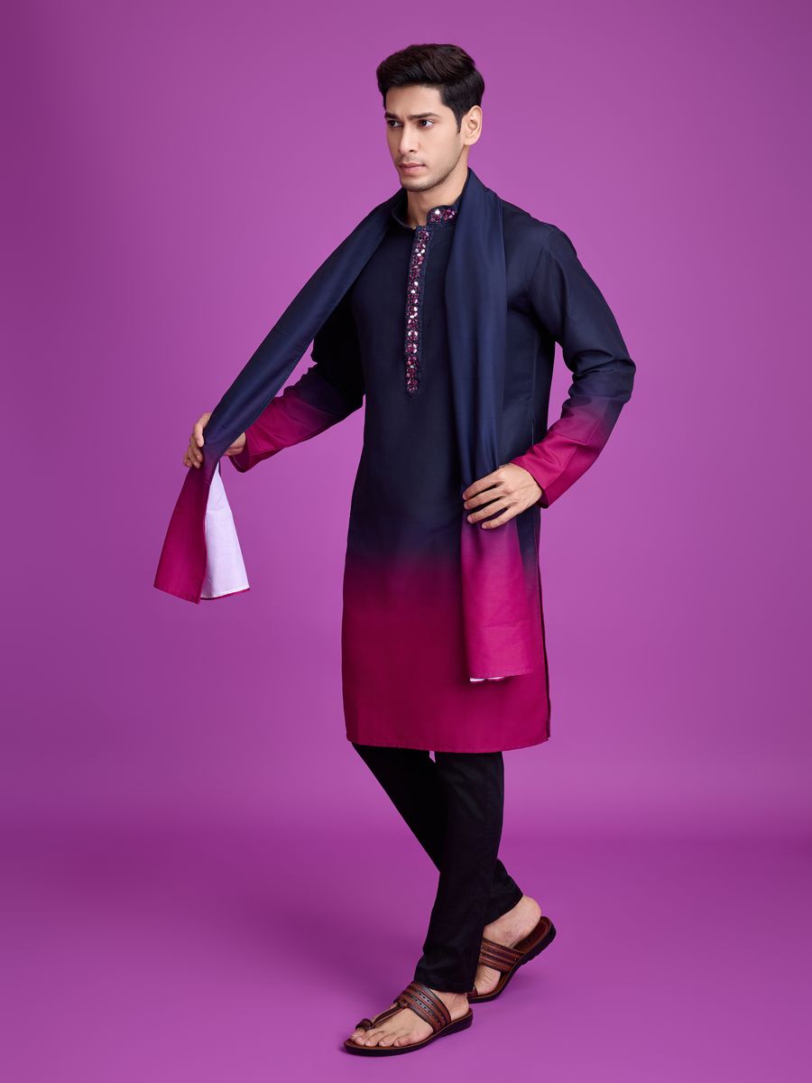 Navy Blue And Rani Color Rayon Fabric Hand Mirror Work Kurta Set