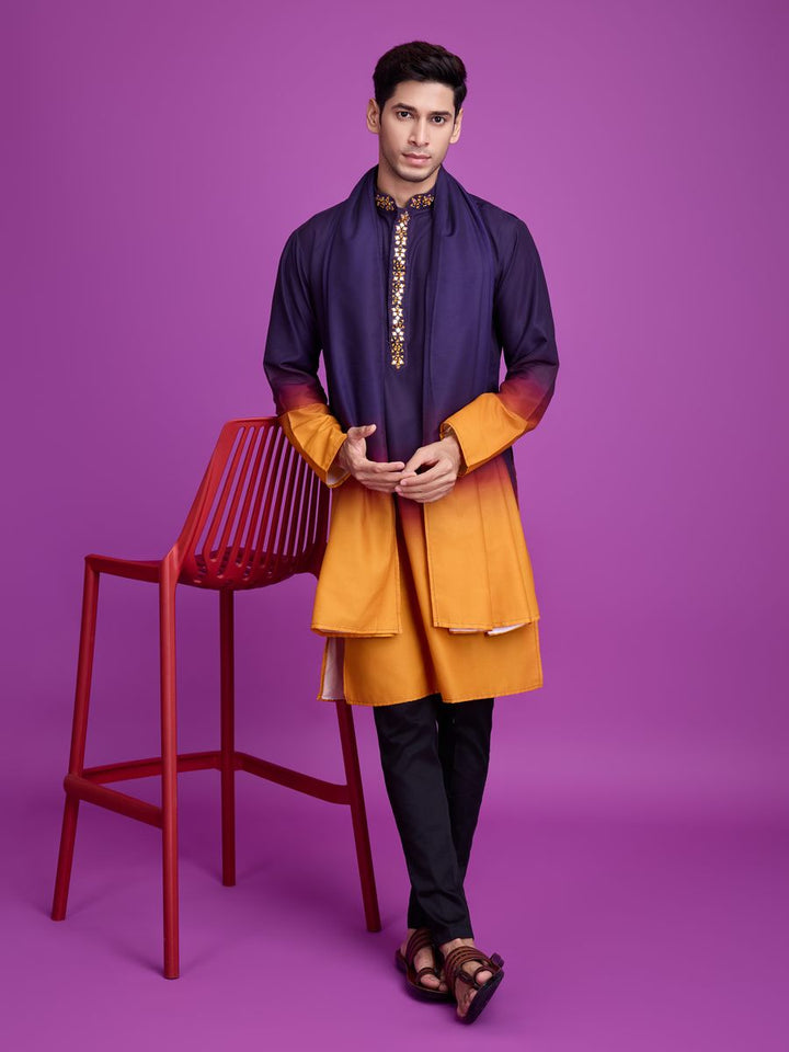 Purple and Mustard Color Rayon Fabric Hand Mirror Work Kurta Set front view on hanger