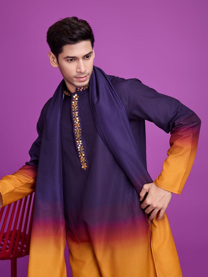  High-quality Rayon Fabric Kurta Set in Purple and Mustard color featuring beautiful hand mirror work 