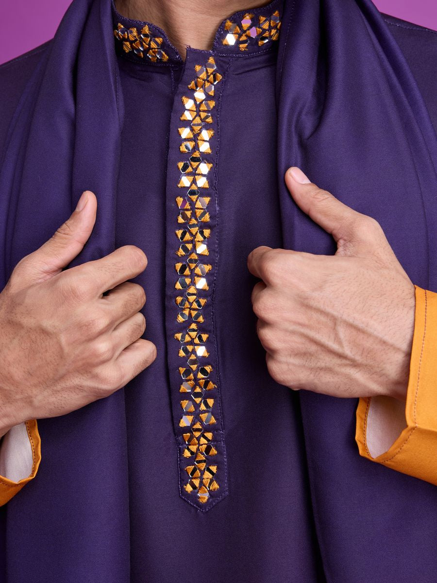  Detailed view of the stunning Purple and Mustard Color Rayon Fabric Hand Mirror Work Kurta Set, perfect for any occasion