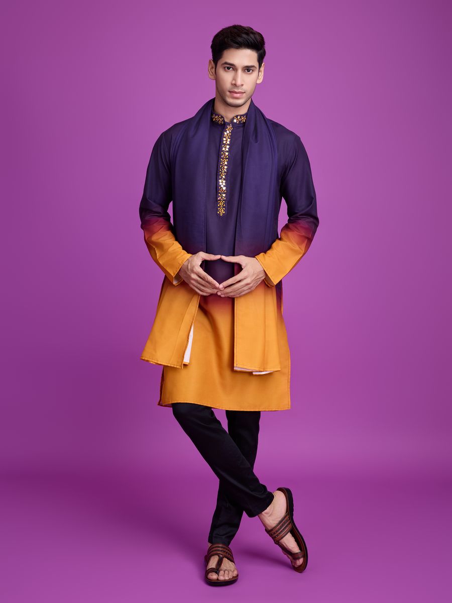 Purple and Mustard Color Rayon Fabric Hand Mirror Work Kurta Set showcasing intricate mirror work on the neckline and sleeves 