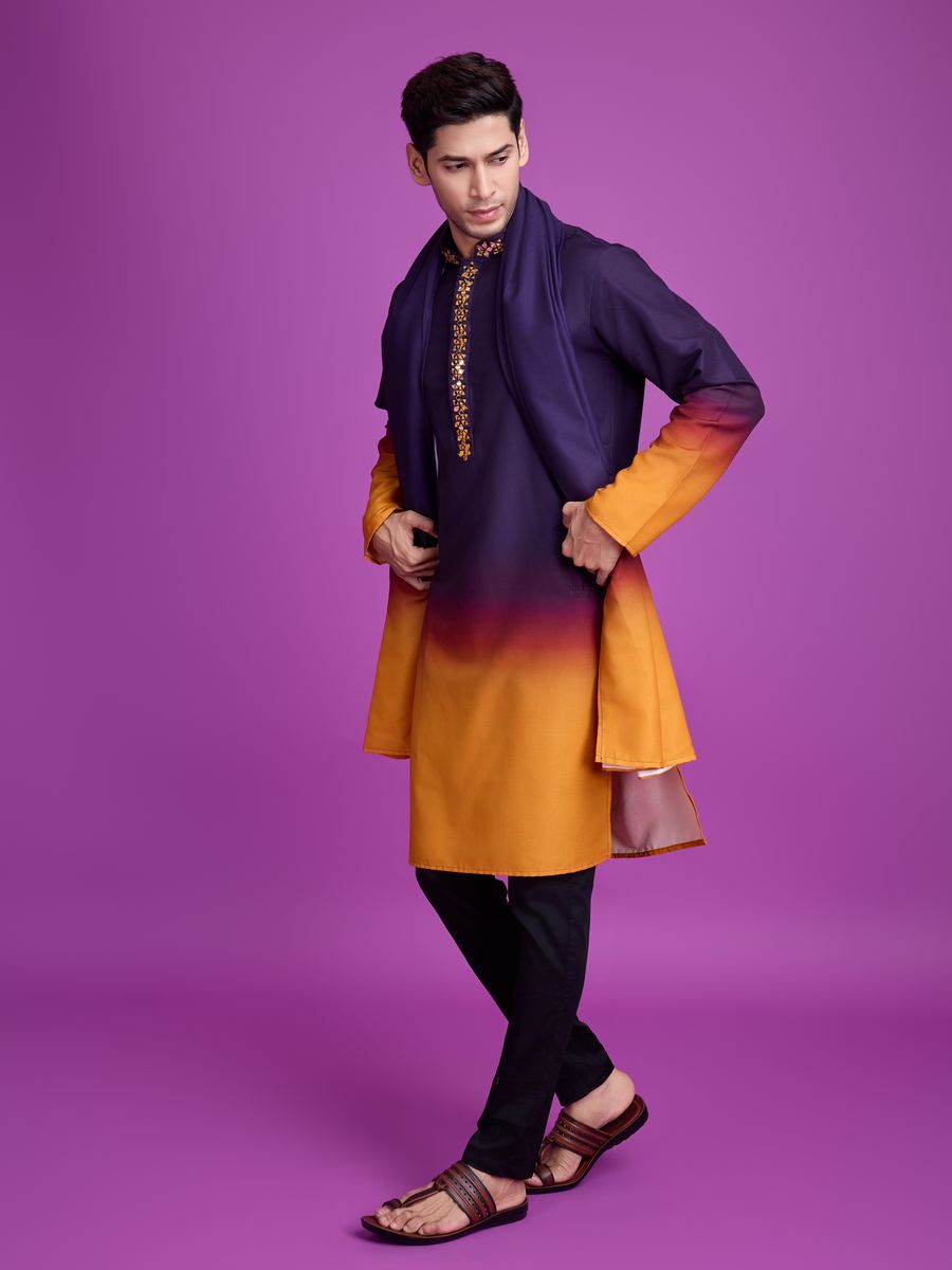 Purple And Mustard Color Rayon Fabric Hand Mirror Work Kurta Set