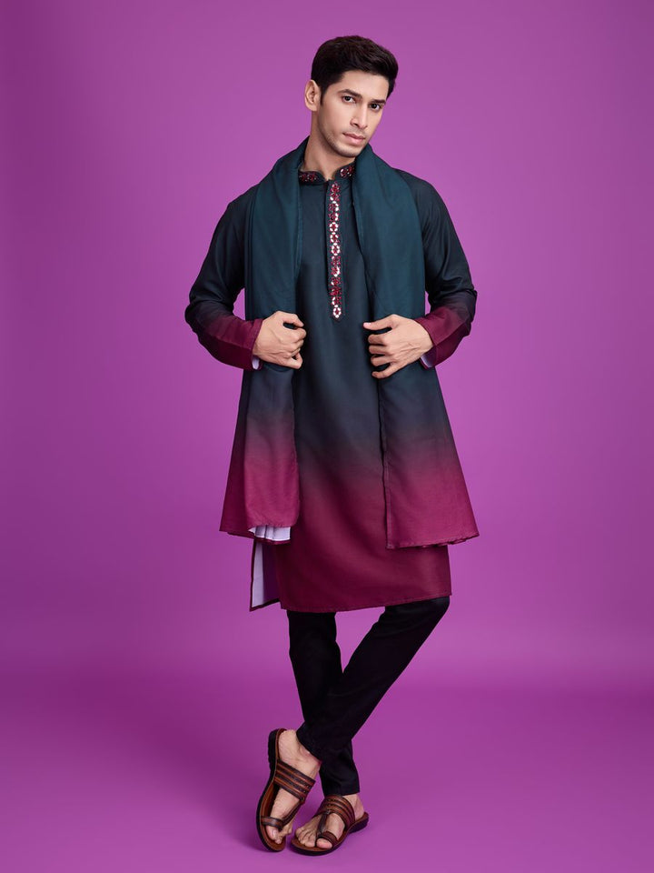 Green and maroon color rayon fabric kurta set with hand mirror work design