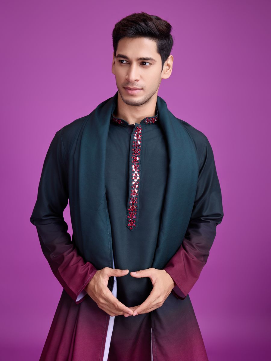 Green and maroon color rayon fabric hand mirror work kurta set with intricate detailing and elegant design