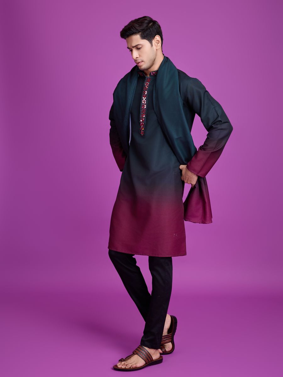 Green and maroon color rayon fabric hand mirror work kurta set with intricate embroidery and traditional design