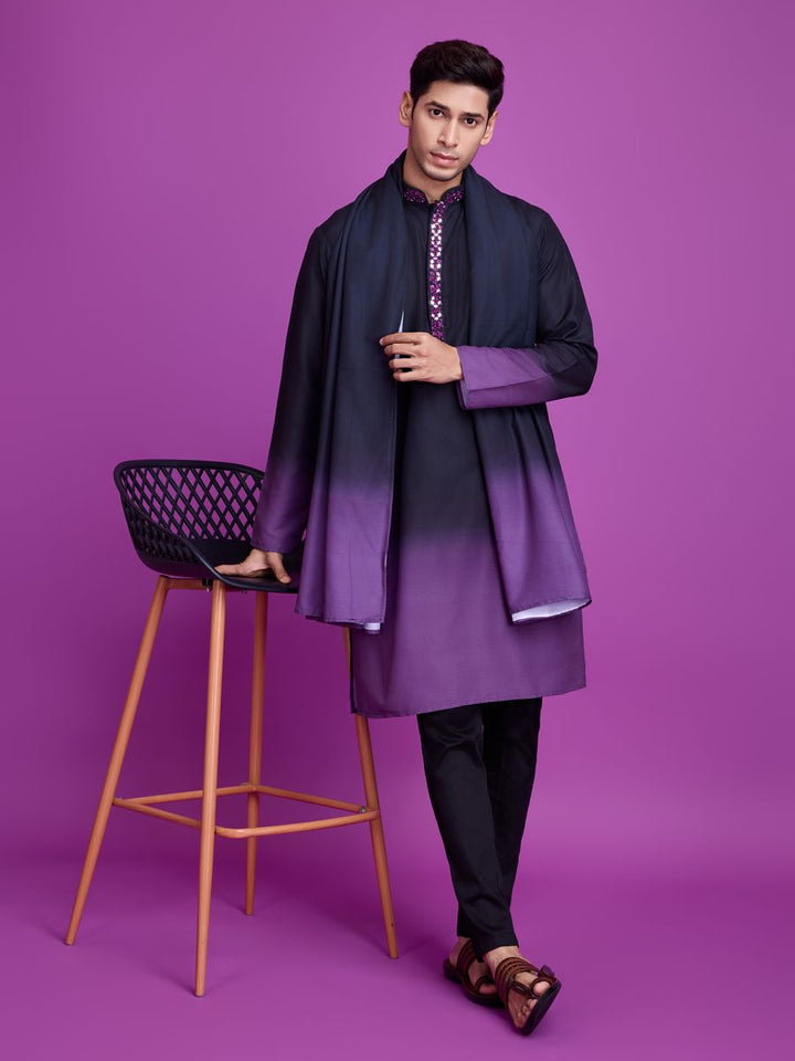 Black and dusty purple color rayon fabric hand mirror work kurta set with intricate embroidery and traditional design