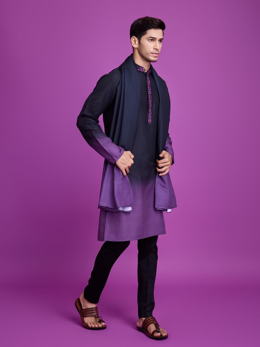 Black And Dusty Purple Color Rayon Fabric Hand Mirror Work Kurta Set