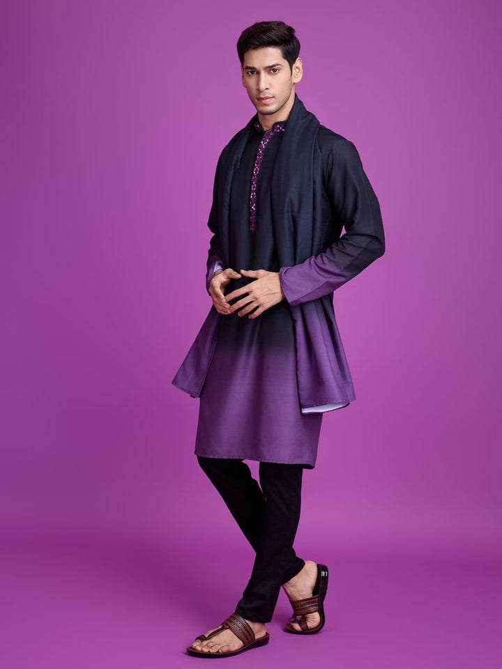  Traditional Indian hand mirror work kurta set in black and dusty purple color rayon fabric