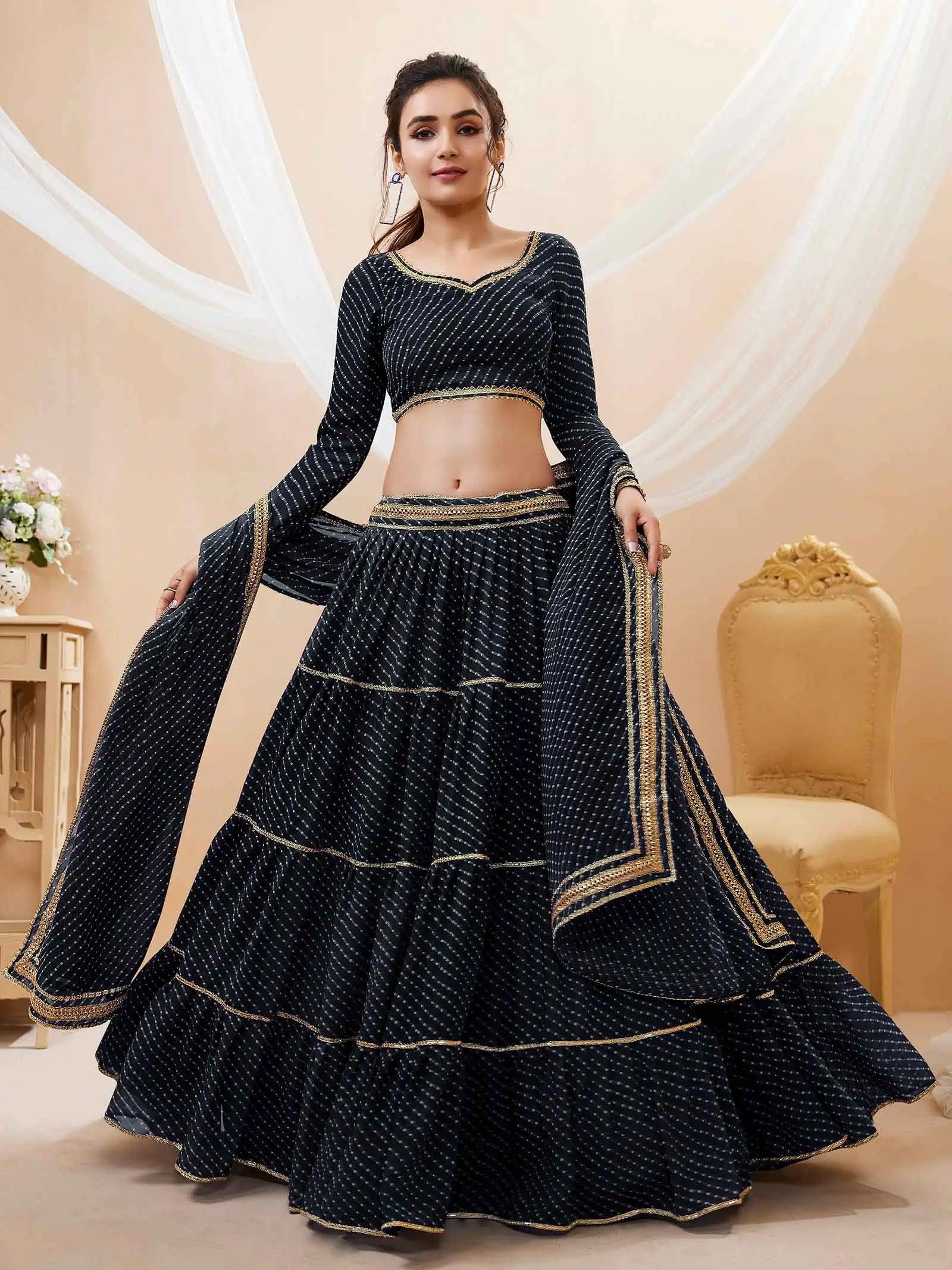 Black Georgette Leheriya Print Lehenga With Lace All Over Work | Ready To Wear - qivii