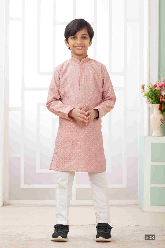 Boy's Peach Art Silk Embroidery Kurta Set