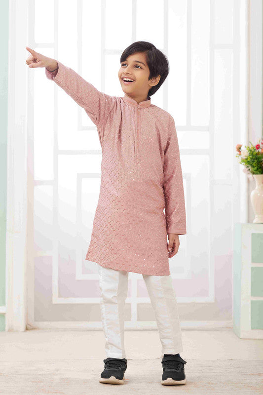 Boy's Peach Art Silk Embroidery Kurta Set