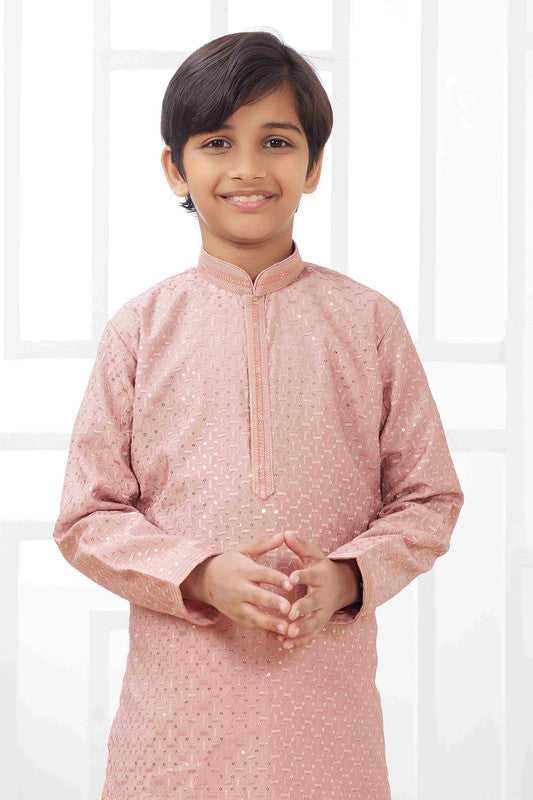 Boy's Peach Art Silk Embroidery Kurta Set