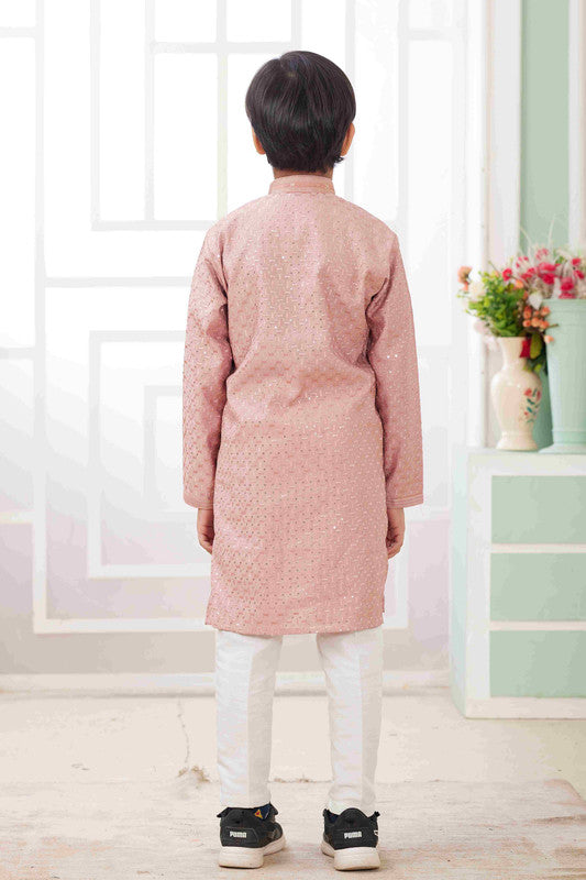 Boy's Peach Art Silk Embroidery Kurta Set