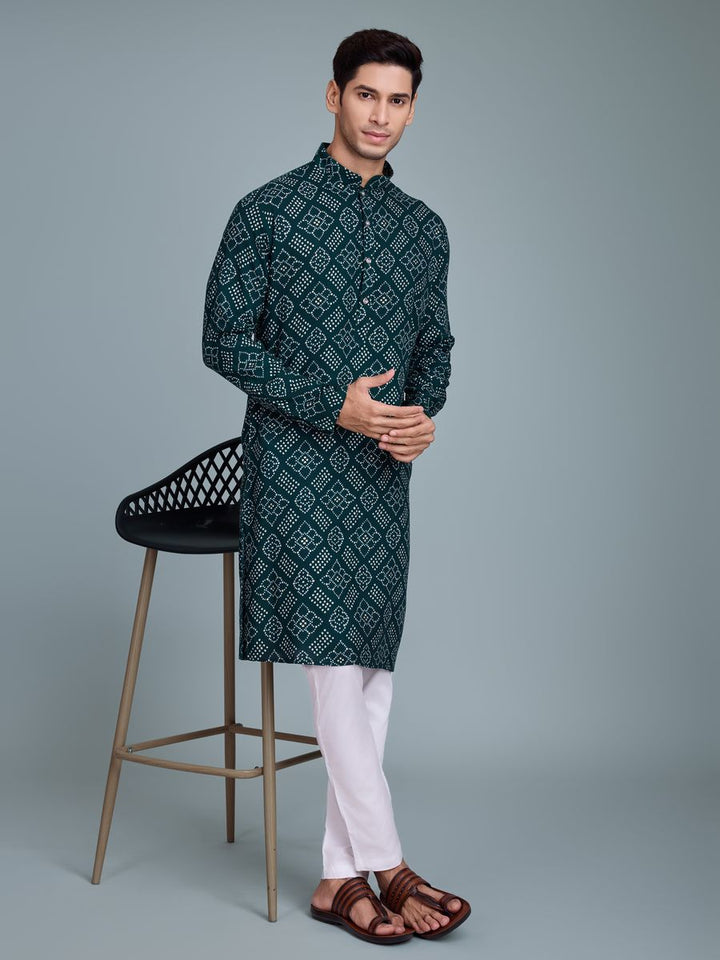 Green Color Rayon And Print With Foil Work Kurta