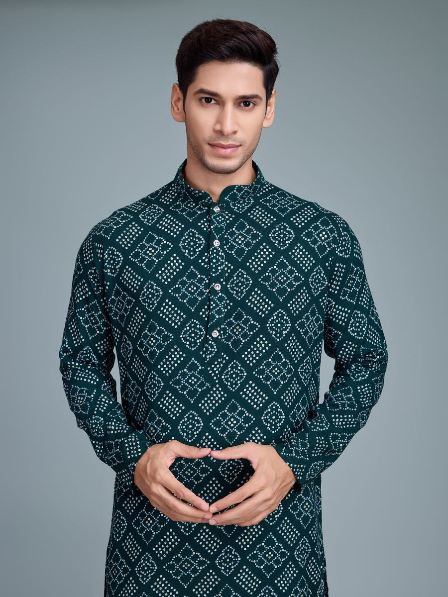 Green Color Rayon And Print With Foil Work Kurta