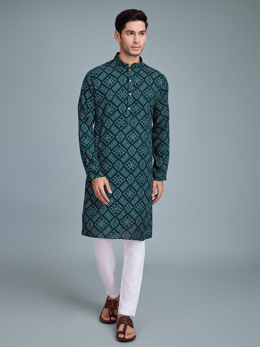 Green Color Rayon And Print With Foil Work Kurta